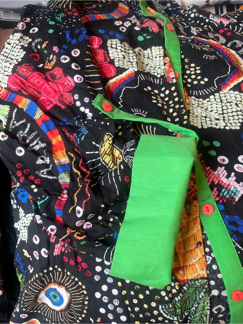 FARM Rio Black Multicolor Button-Front Tunic/dress with Green Trim- Large - Picture 5 of 7